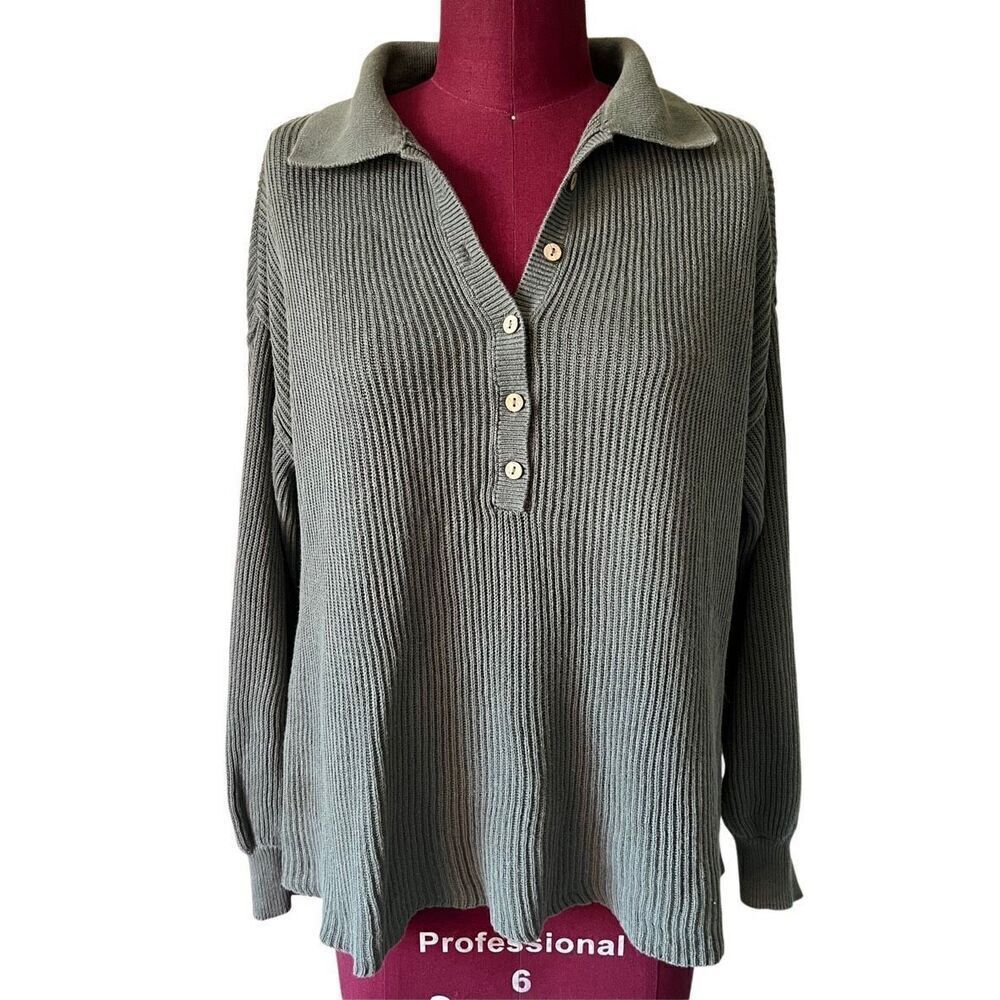 Free People Beach Knit Collared Cropped Long Sleeve size Top Sweater‎ XS Green